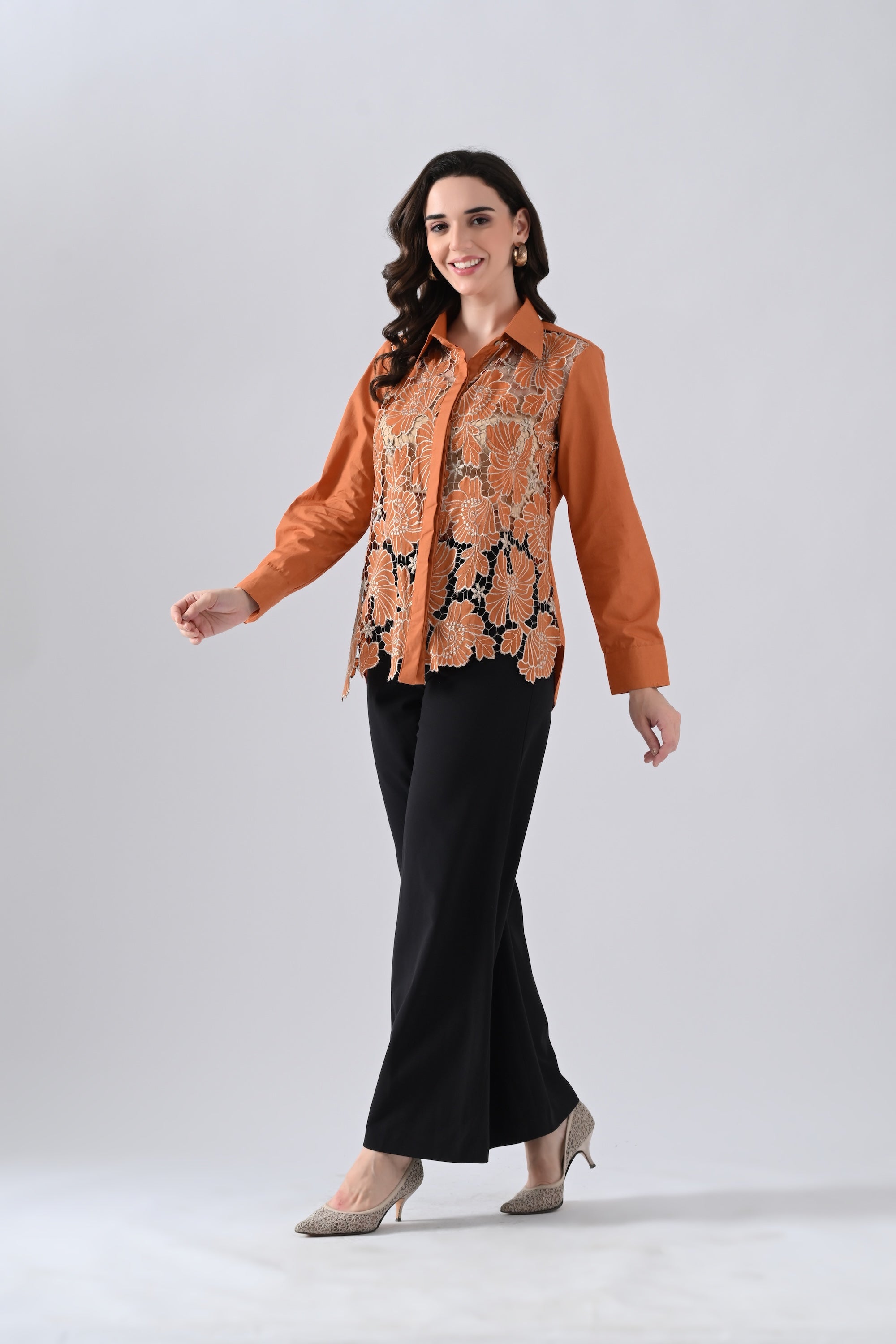 Rust Floral Lace Detailed Shirt