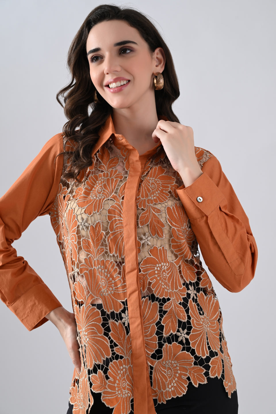 Rust Floral Lace Detailed Shirt