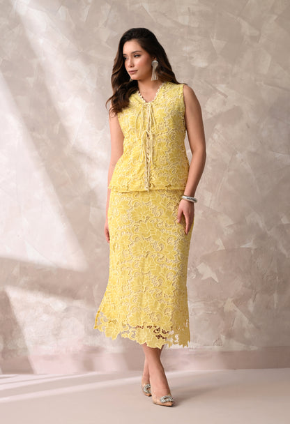 LEMON YELLOW FLORAL LACE SLEEVELESS TOP AND MIDI SKIRT CO-ORD SET
