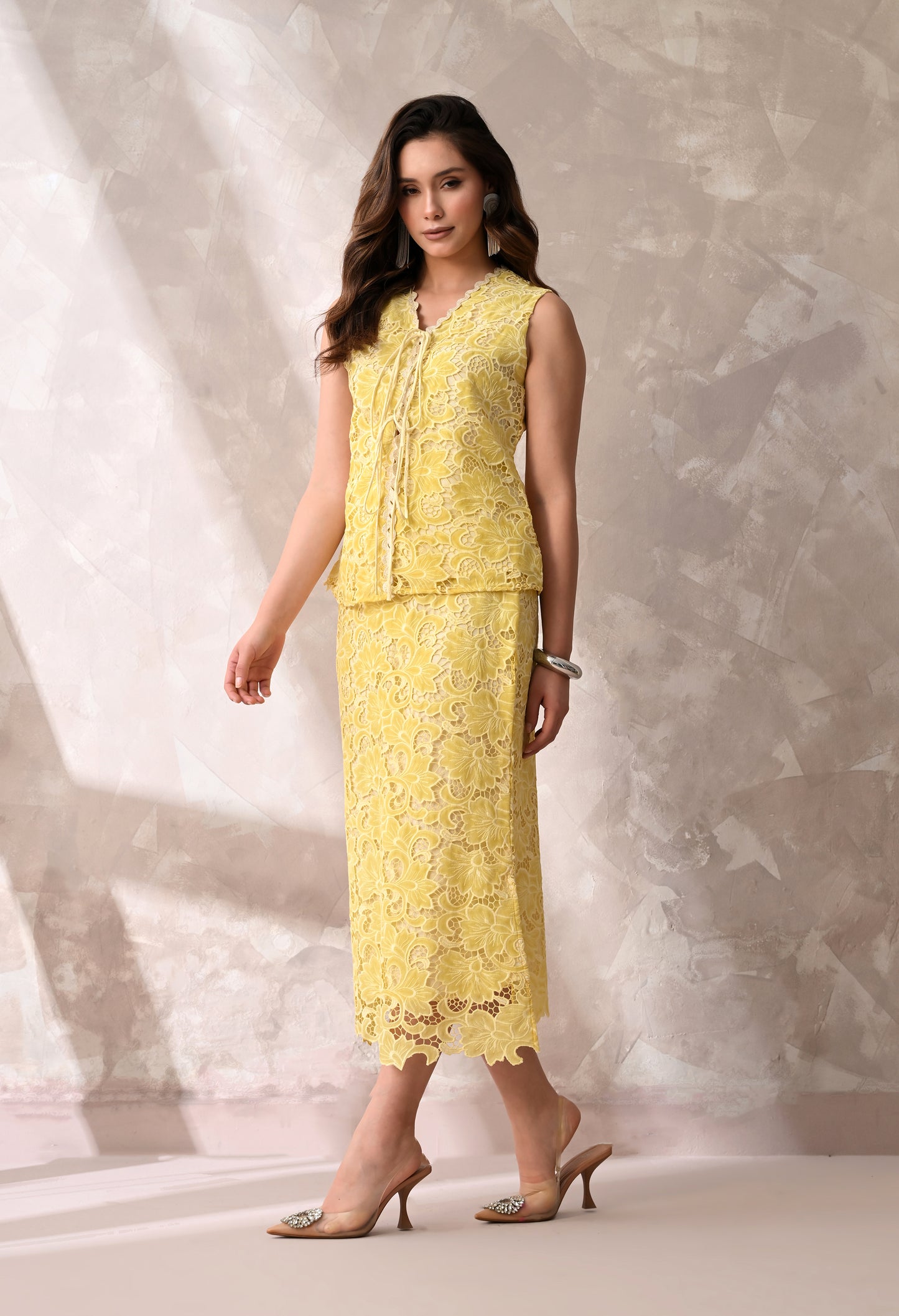 LEMON YELLOW FLORAL LACE SLEEVELESS TOP AND MIDI SKIRT CO-ORD SET