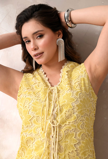 LEMON YELLOW FLORAL LACE SLEEVELESS TOP AND MIDI SKIRT CO-ORD SET