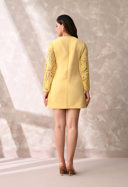 LEMON YELLOW CREPE AND LACE DRESS
