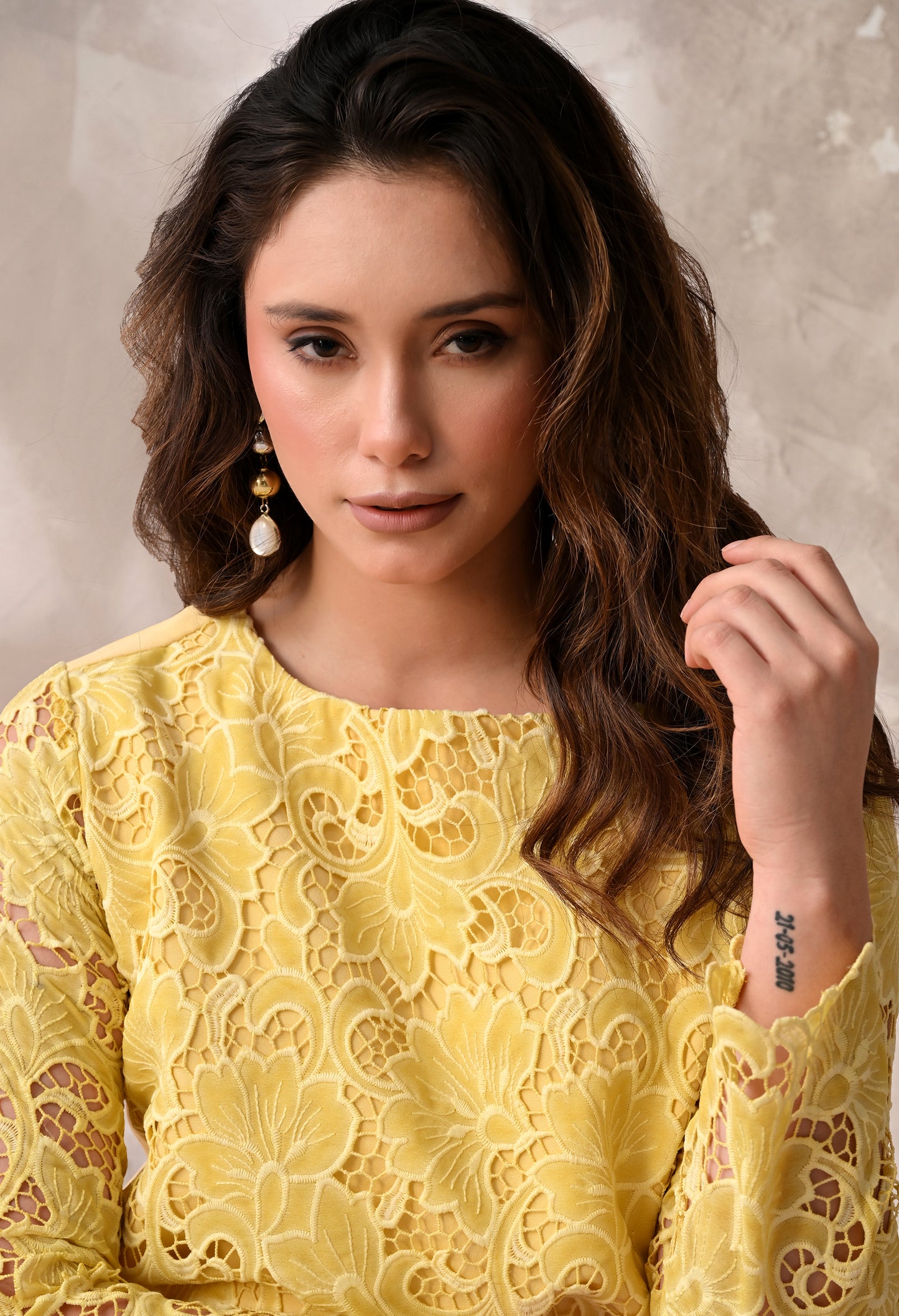 LEMON YELLOW CREPE AND LACE DRESS