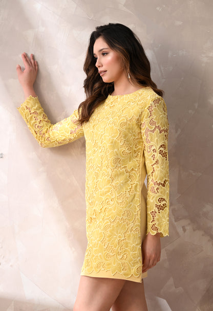 LEMON YELLOW CREPE AND LACE DRESS