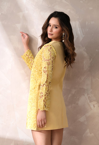 LEMON YELLOW CREPE AND LACE DRESS