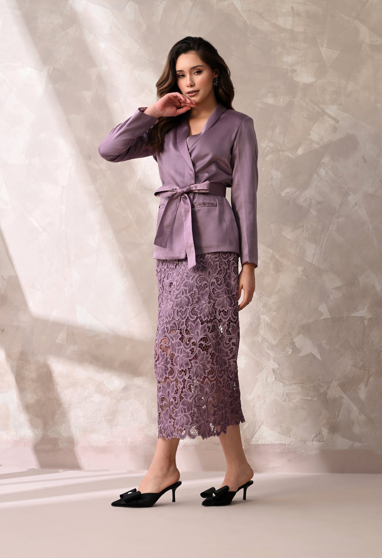 Mauve Wrap Blazer & Lace Midi Skirt
