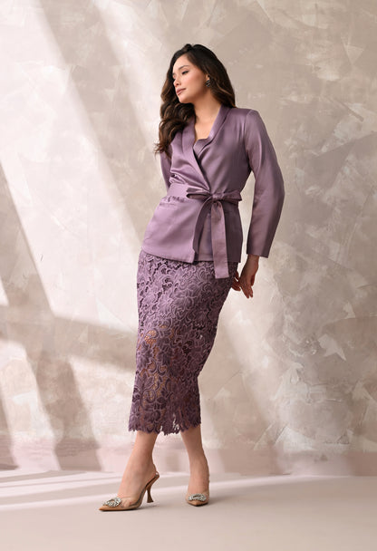 Mauve Wrap Blazer & Lace Midi Skirt