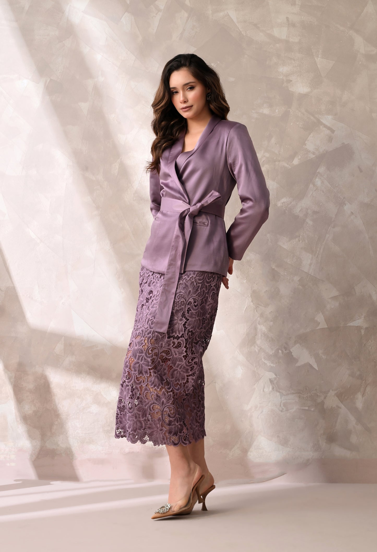 Mauve Wrap Blazer & Lace Midi Skirt