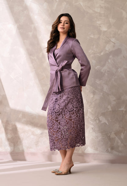 Mauve Wrap Blazer & Lace Midi Skirt
