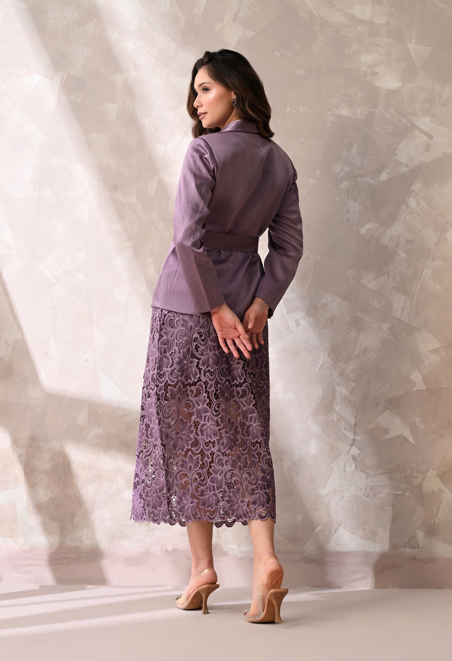 Mauve Wrap Blazer & Lace Midi Skirt
