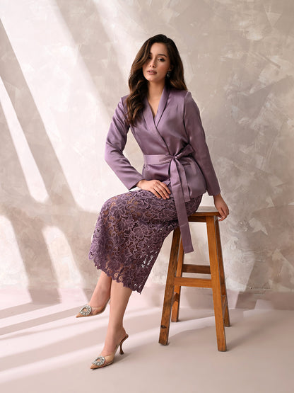 Mauve Wrap Blazer & Lace Midi Skirt