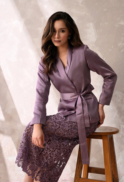 Mauve Wrap Blazer & Lace Midi Skirt