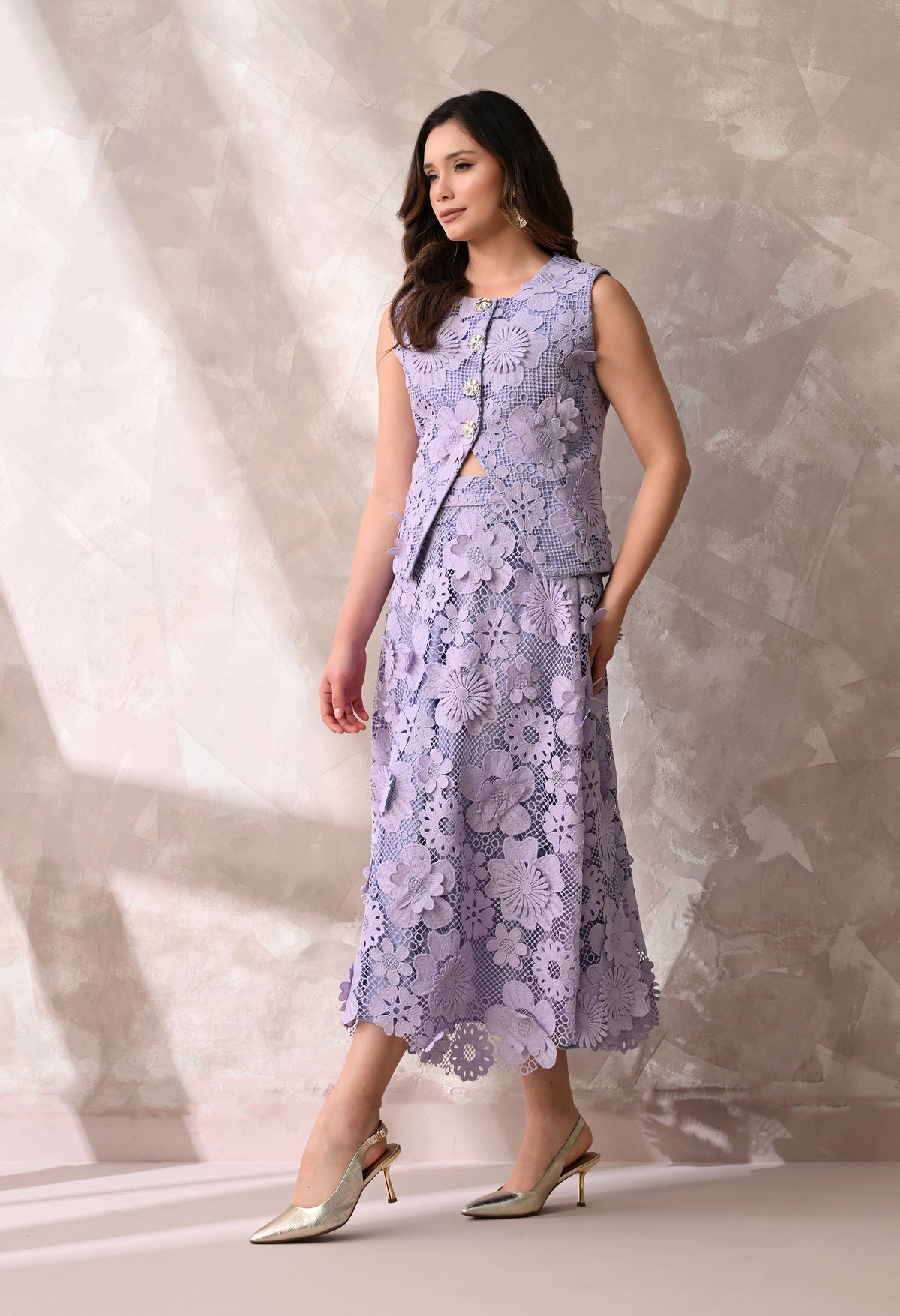 Lilac floral lace sleeveless jacket & midi skirt set