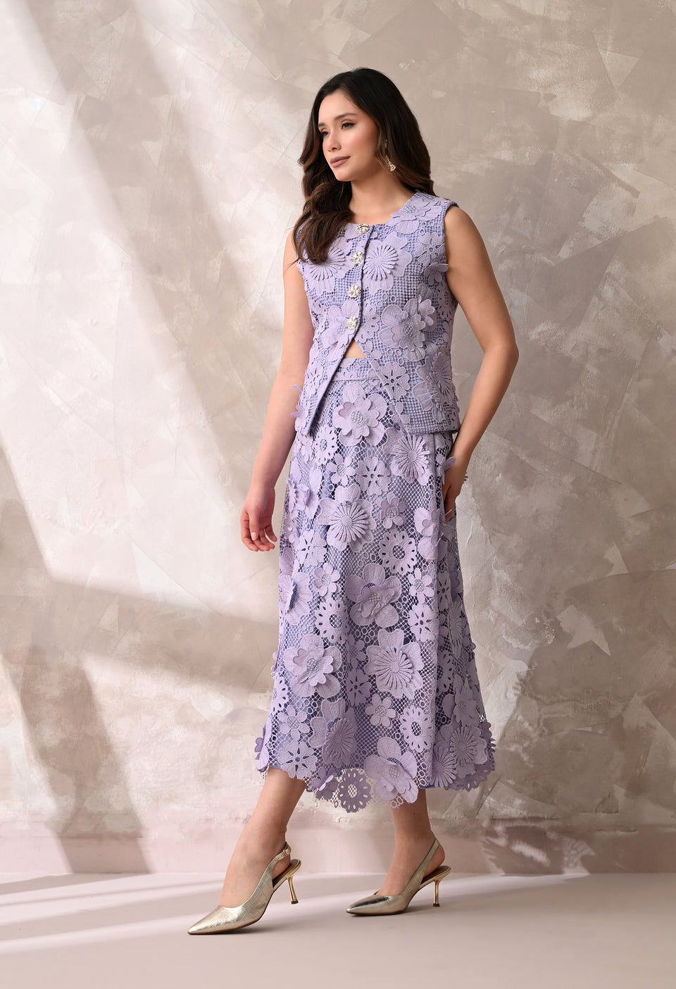 Lilac floral lace sleeveless jacket & midi skirt set