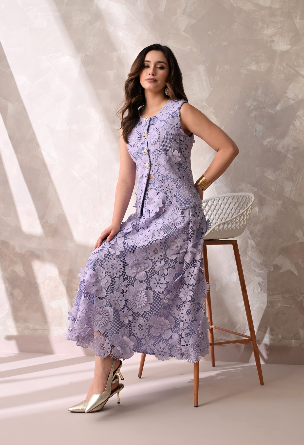 Lilac floral lace sleeveless jacket & midi skirt set