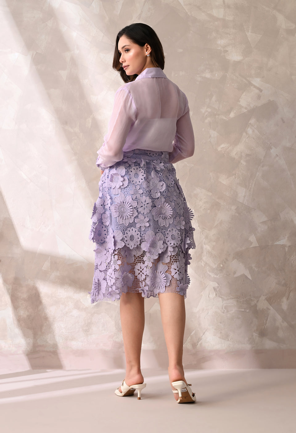 Lilac Floral Lace Skirt &  Shirt set
