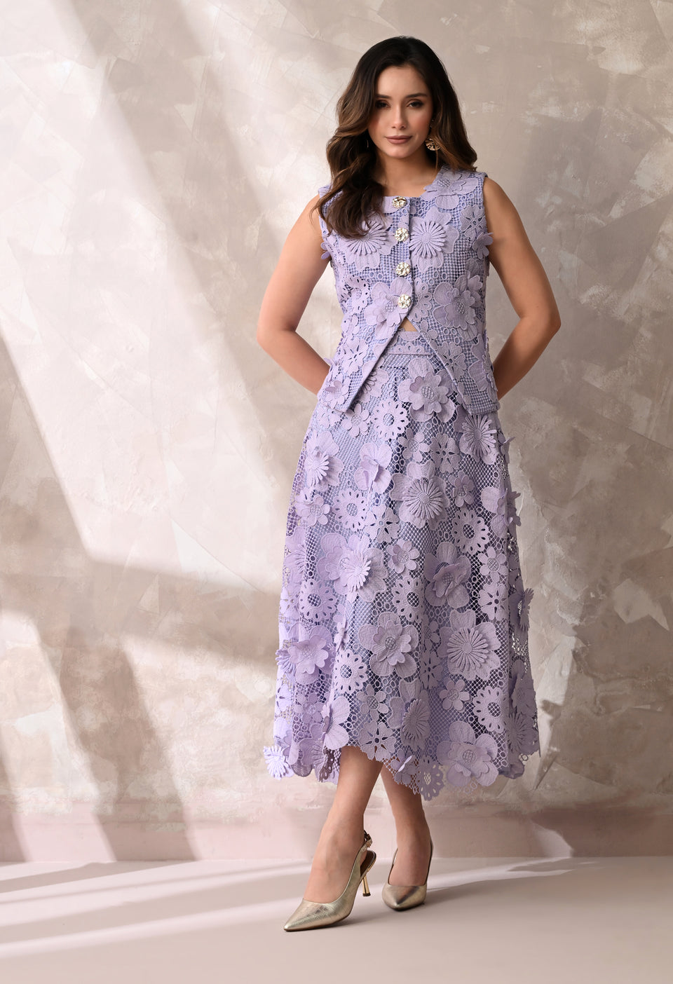 Lilac floral lace sleeveless jacket & midi skirt set