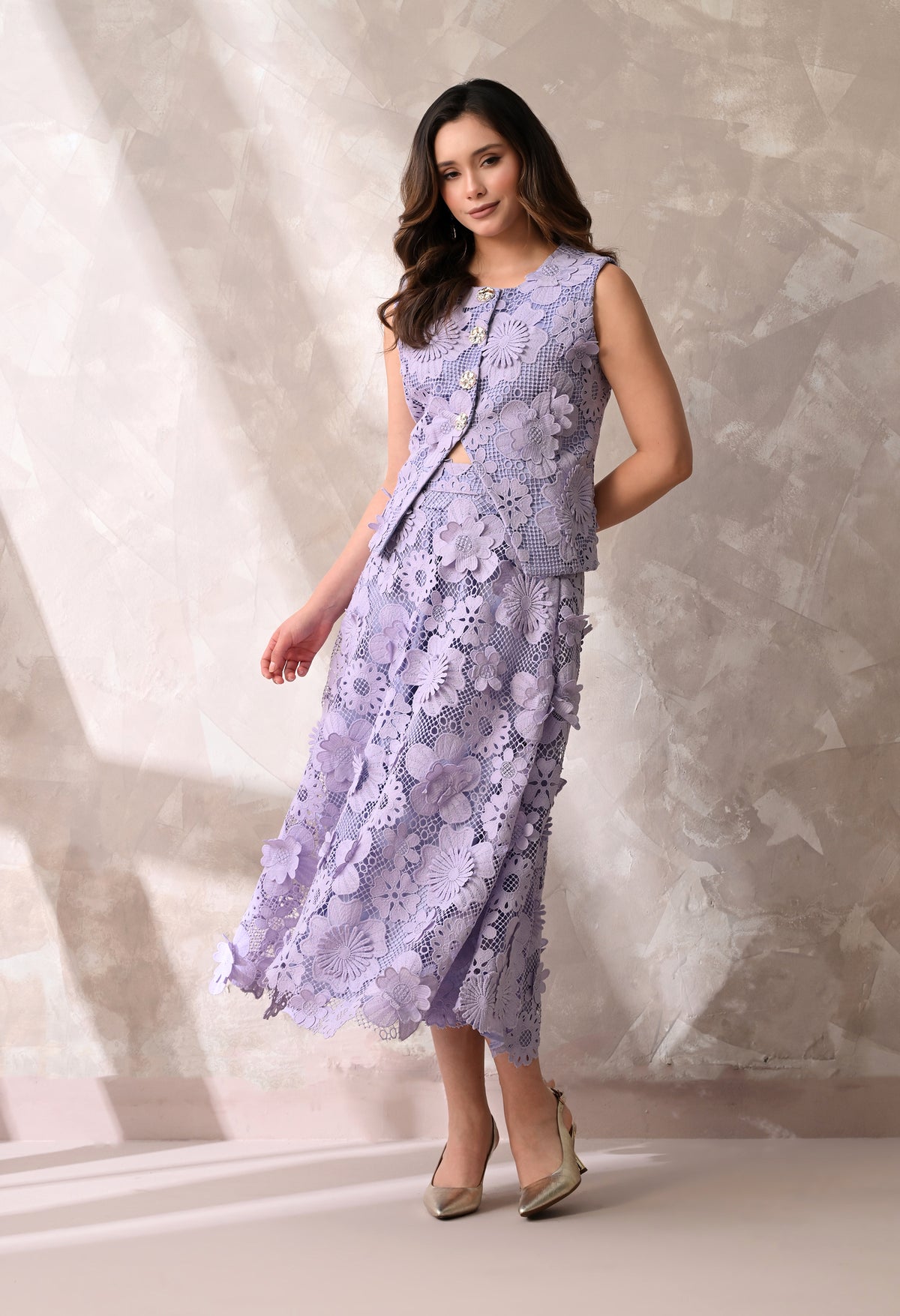 Lilac floral lace sleeveless jacket & midi skirt set
