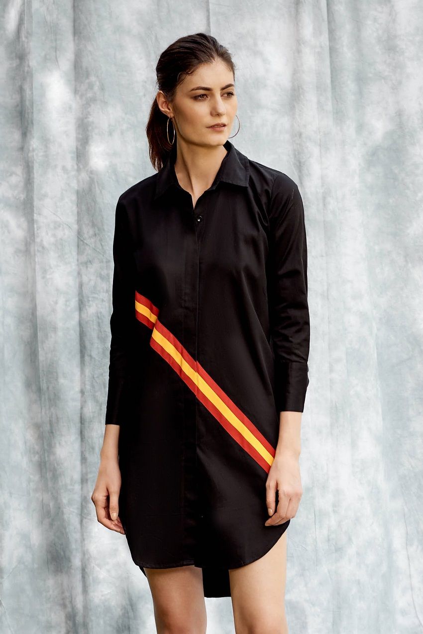 Black shirt dress with front stripes in dual colours