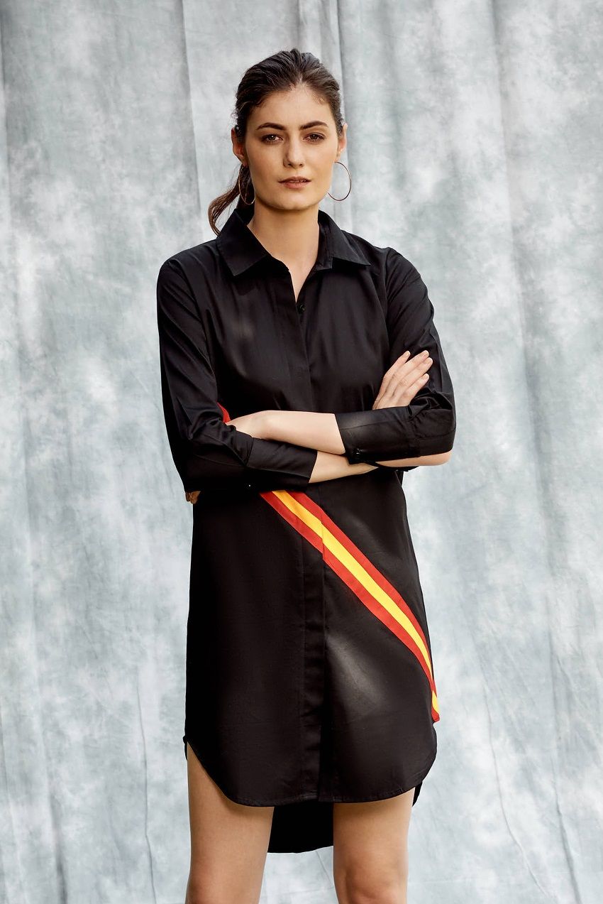 Black shirt dress with front stripes in dual colours