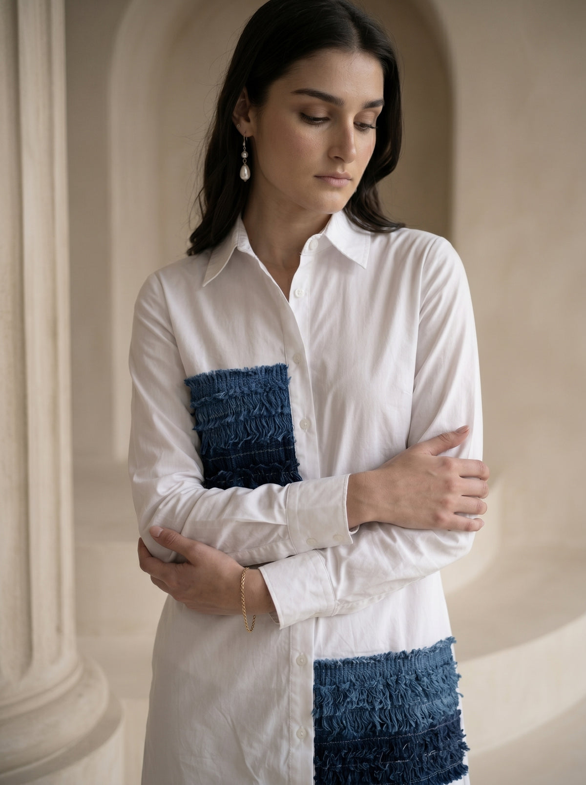 White Cotton Shirt Dress with Blue denim fringe Waist Detail