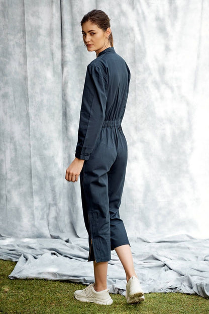 Dark blue ankle length, full sleeves, front zip jumpsuit