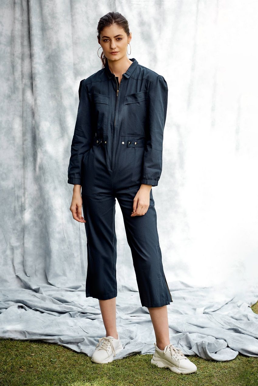 Dark blue ankle length, full sleeves, front zip jumpsuit