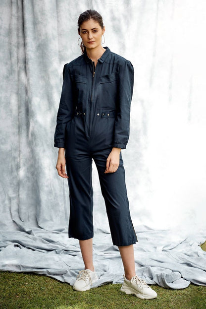 Dark blue ankle length, full sleeves, front zip jumpsuit