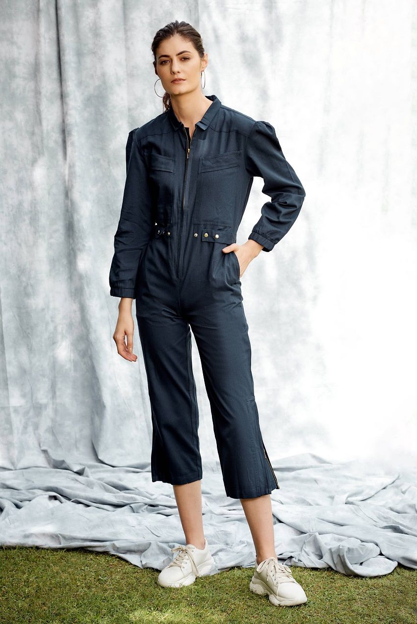 Dark blue ankle length, full sleeves, front zip jumpsuit