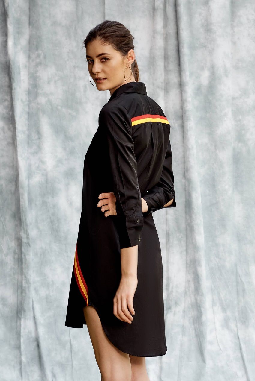 Black shirt dress with front stripes in dual colours