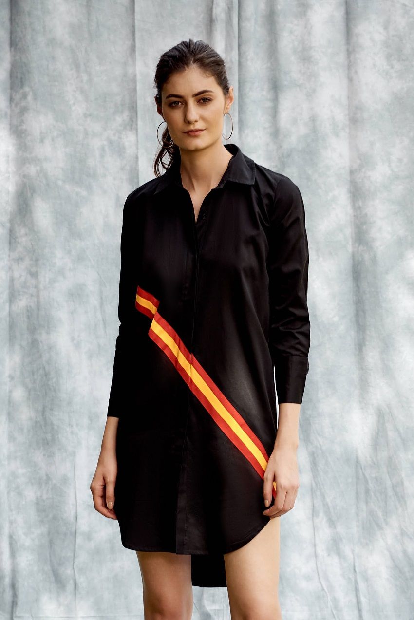 Black shirt dress with front stripes in dual colours