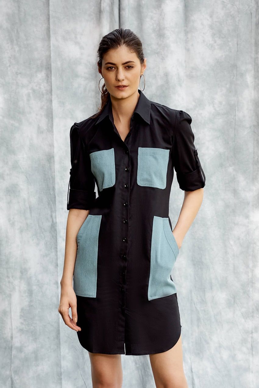 Black shirt dress with blue denim patchpockets