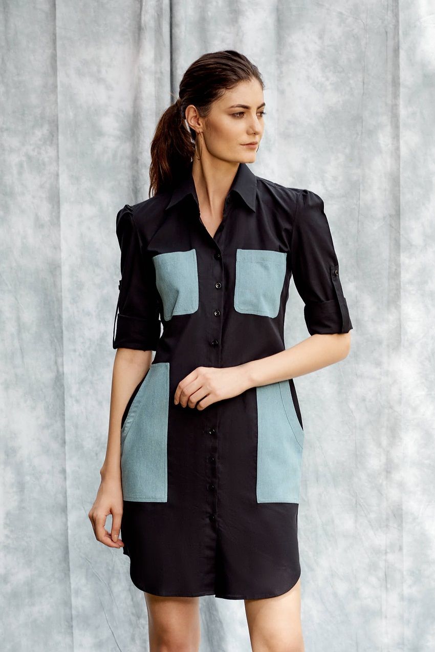 Black shirt dress with blue denim patchpockets