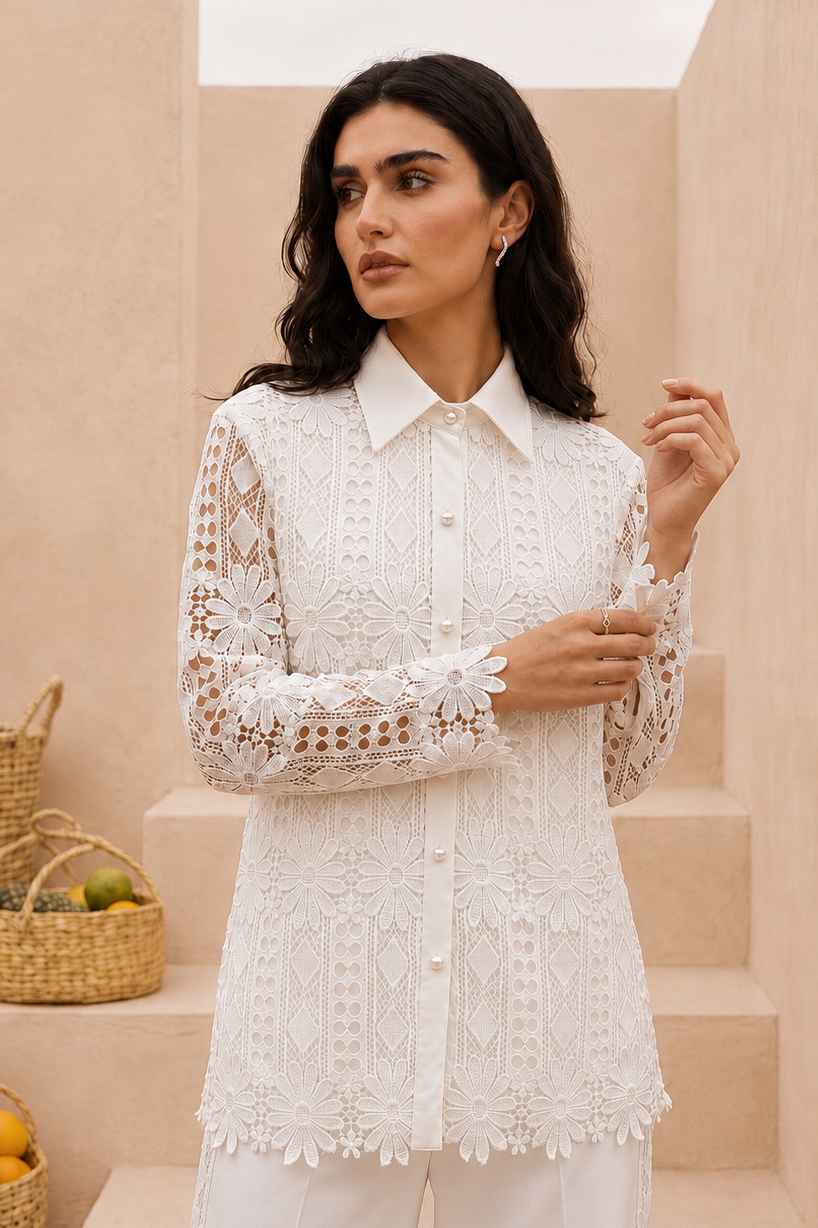 Floral Lace Shirt & Straight Pants Co-ord Set
