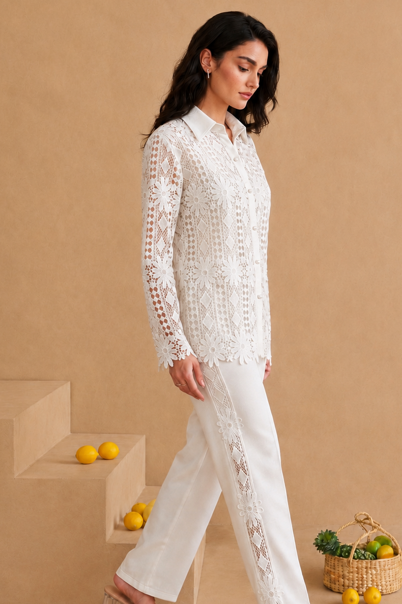 Floral Lace Shirt & Straight Pants Co-ord Set