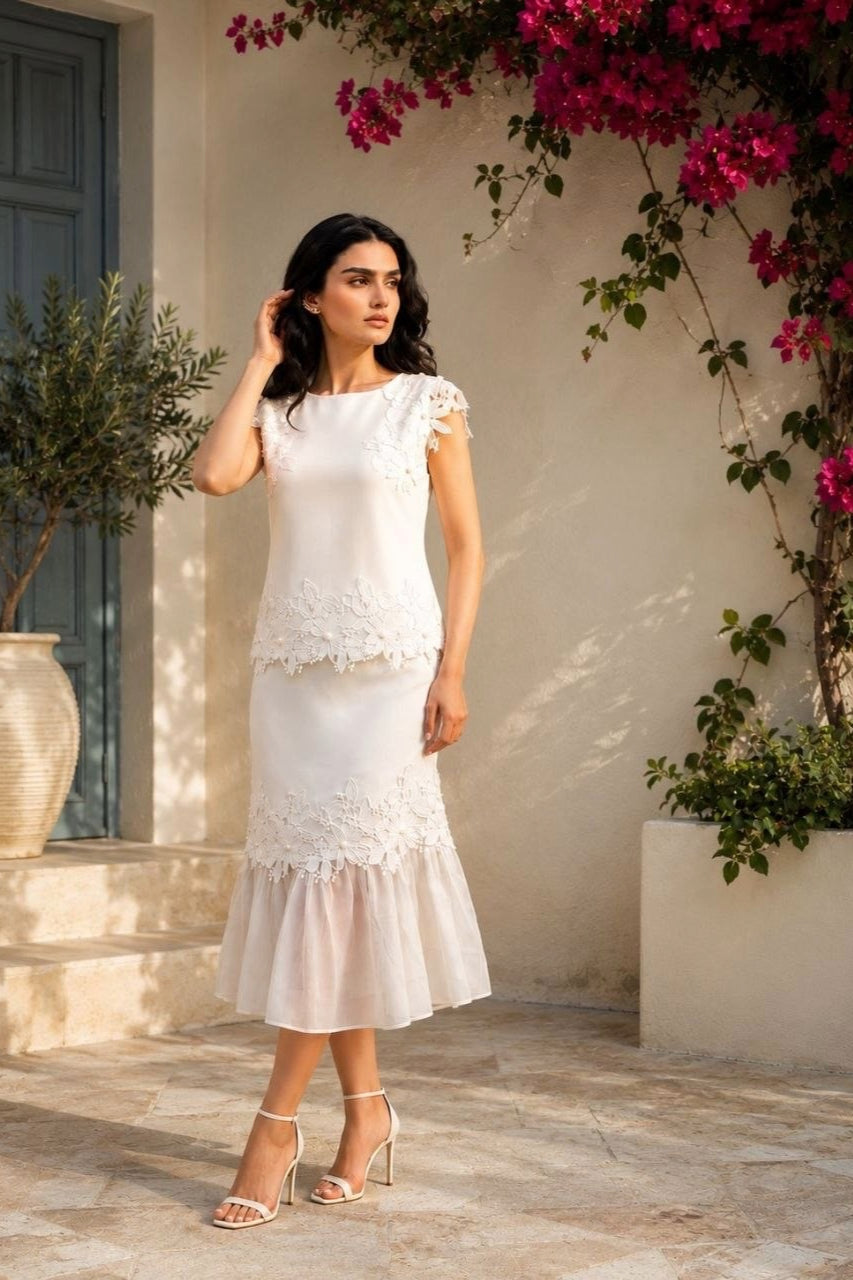 Elegant White Floral Lace Top & Midi Skirt Set