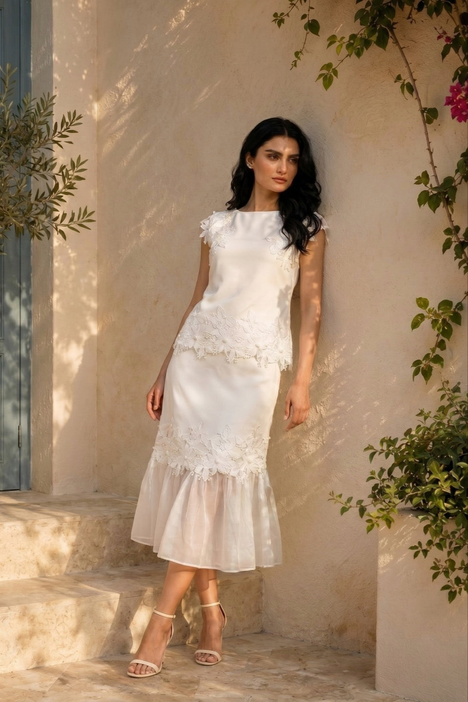 Elegant White Floral Lace Top & Midi Skirt Set
