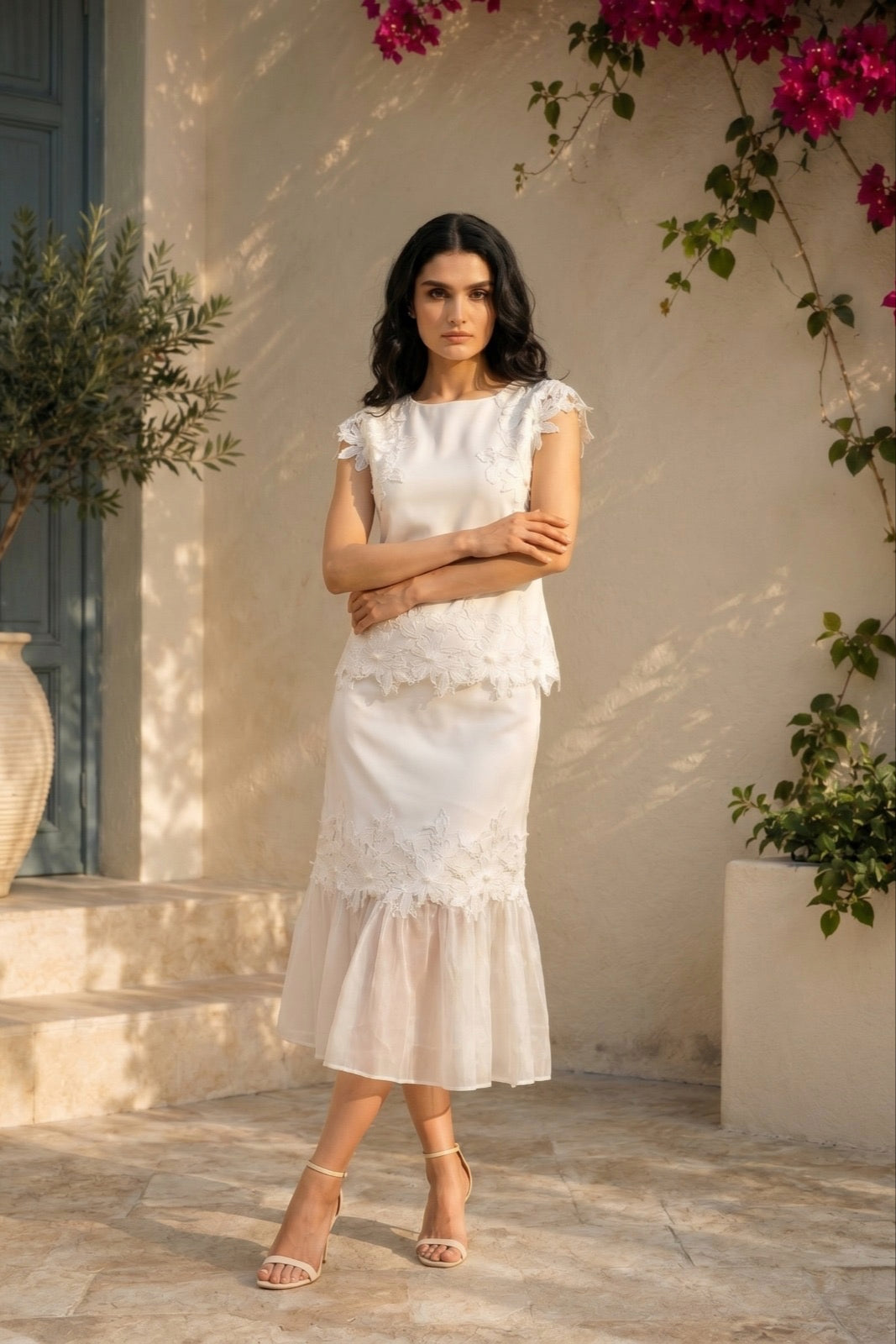Elegant White Floral Lace Top & Midi Skirt Set