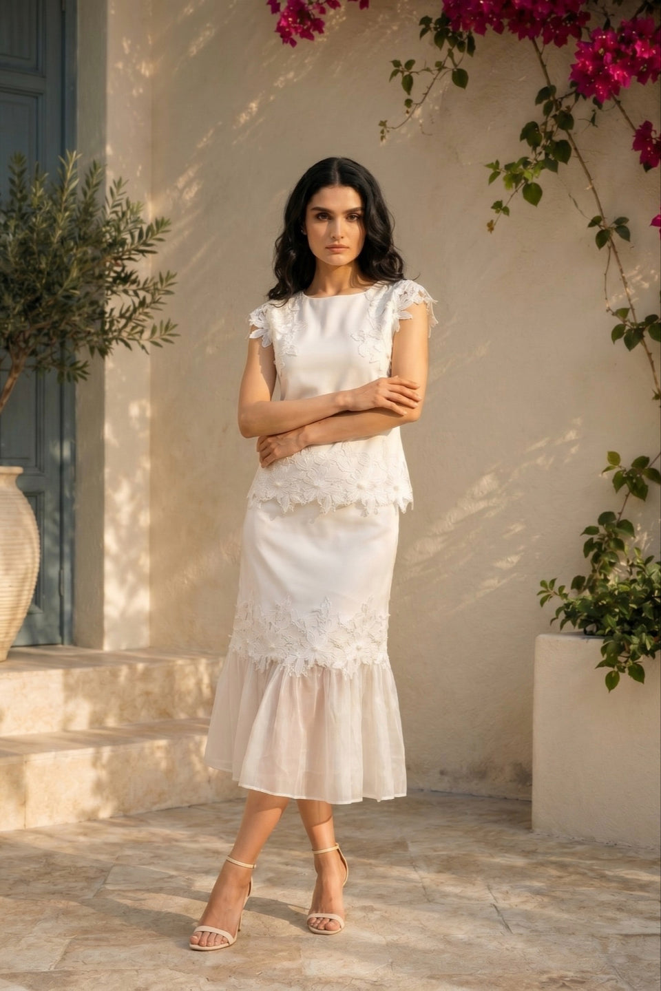 Elegant White Floral Lace Top & Midi Skirt Set