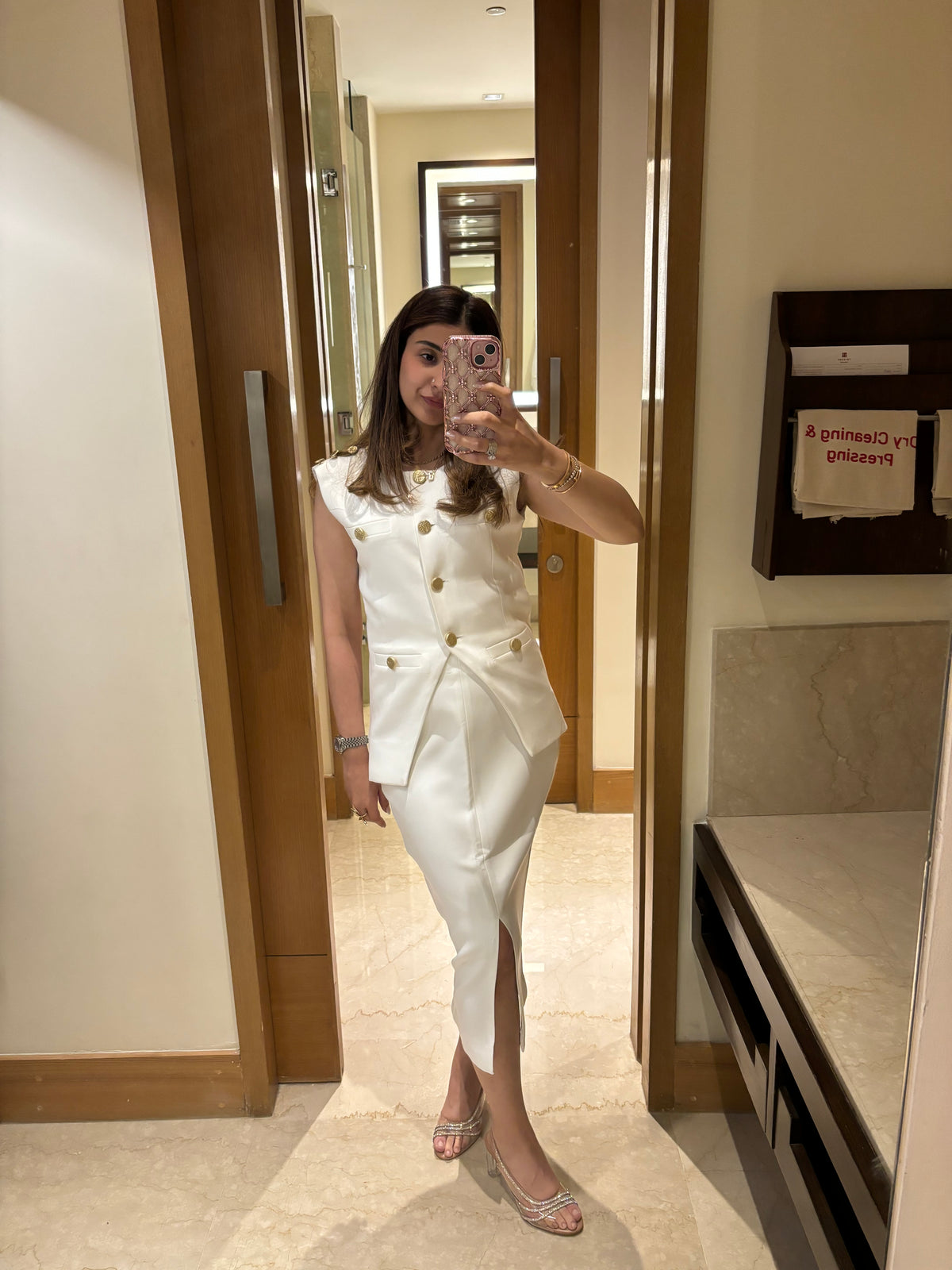 White banana crepe skirt and waist coat
