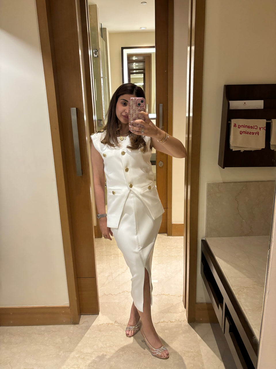 White banana crepe skirt and waist coat