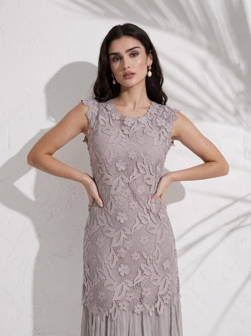 GREY FLORAL LACE MIDI DRESS