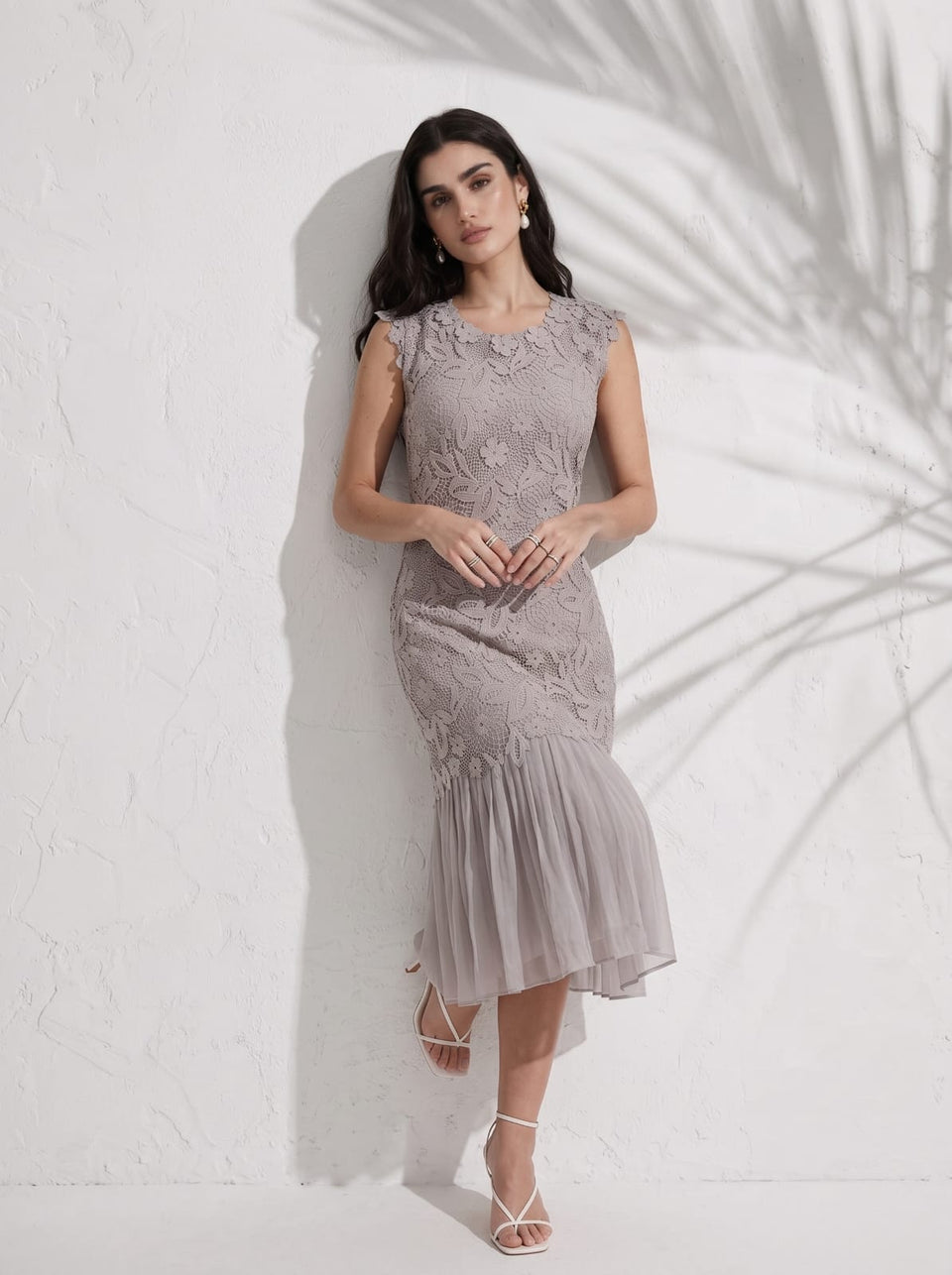 GREY FLORAL LACE MIDI DRESS