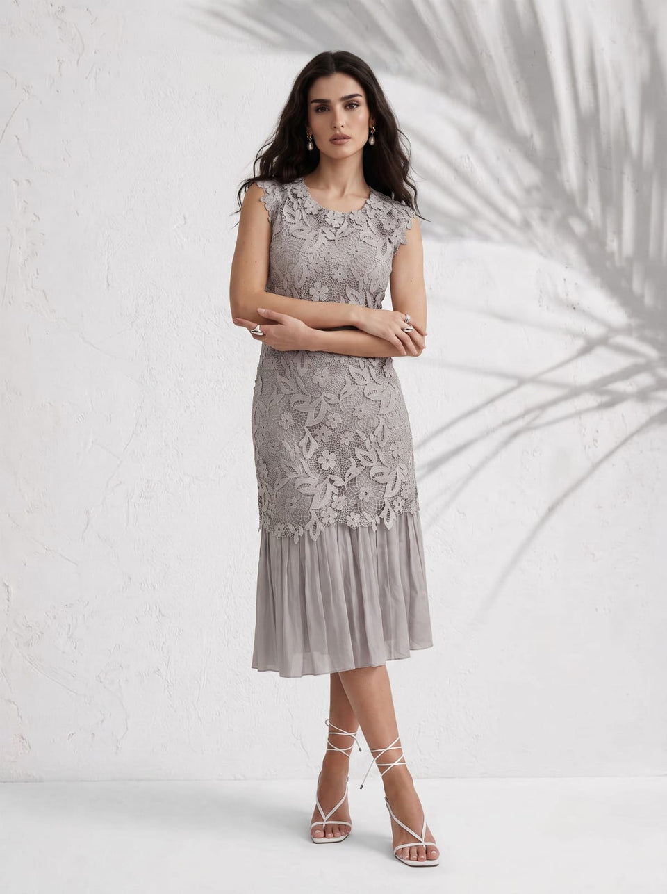 GREY FLORAL LACE MIDI DRESS