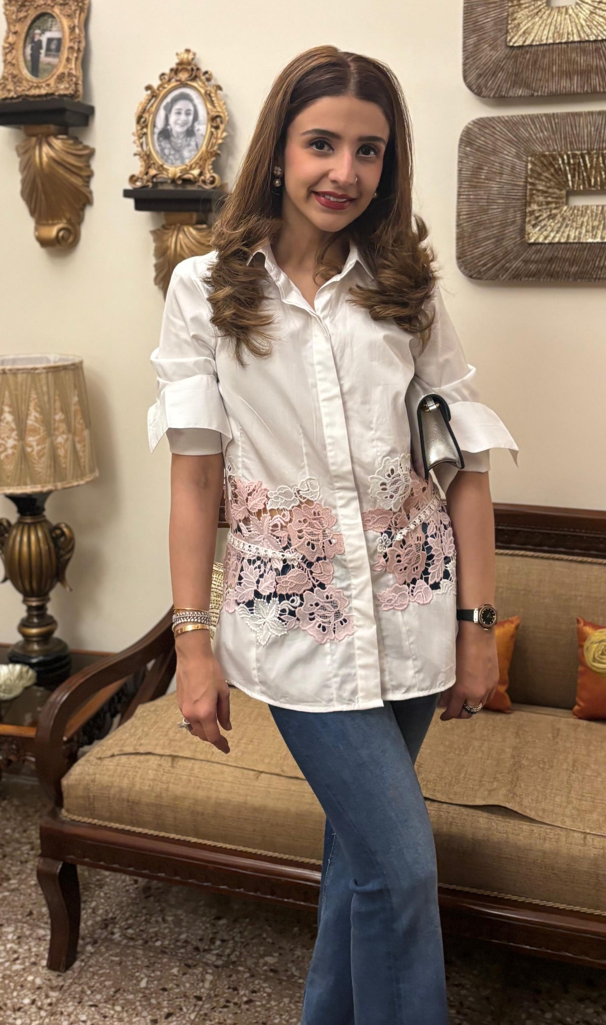 White Cotton Shirt with Pink Floral Lace Detailing on Waist