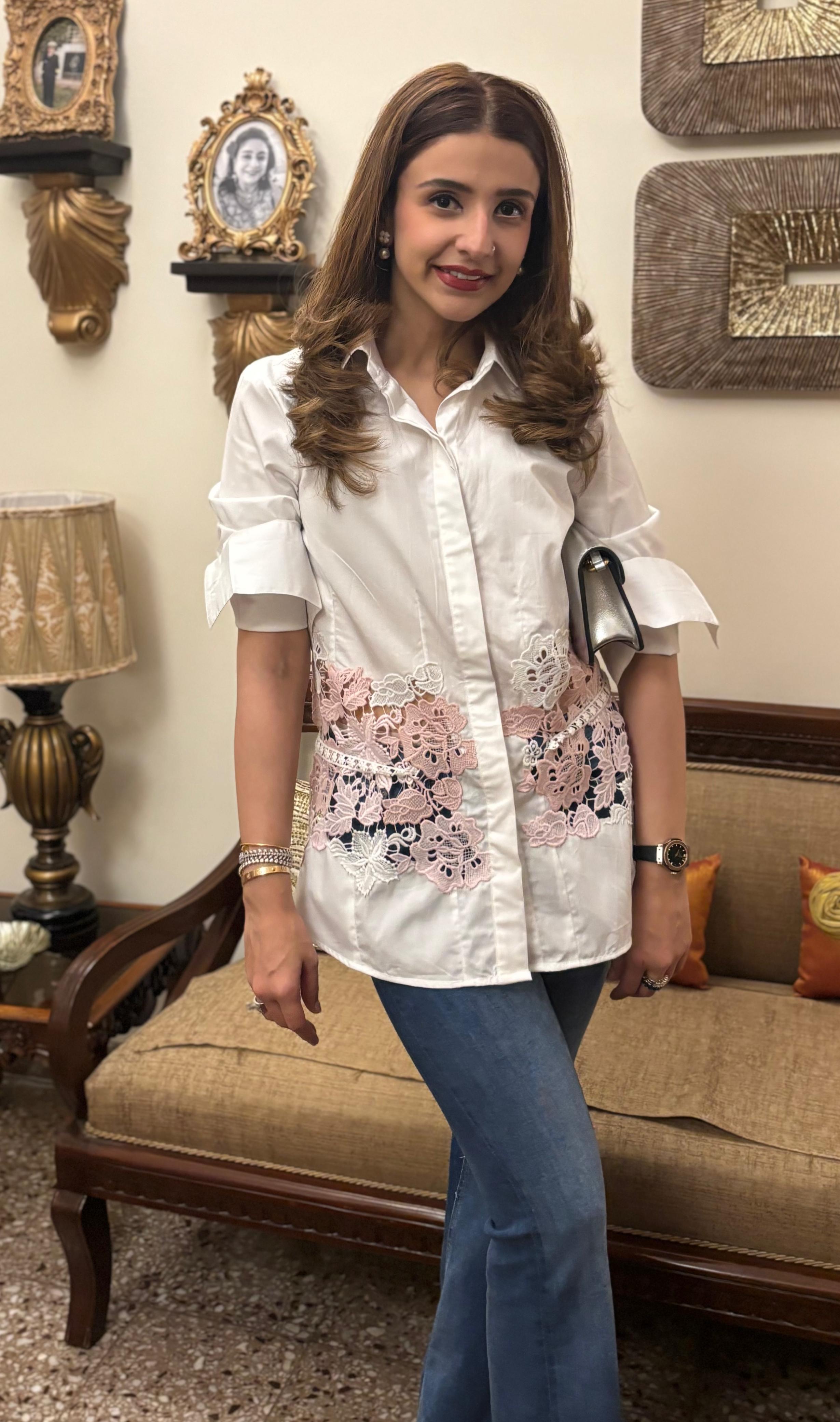 White Cotton Shirt with Pink Floral Lace Detailing on Waist