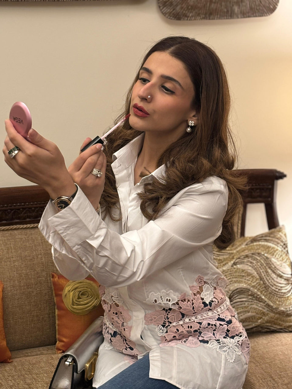 White Cotton Shirt with Pink Floral Lace Detailing on Waist