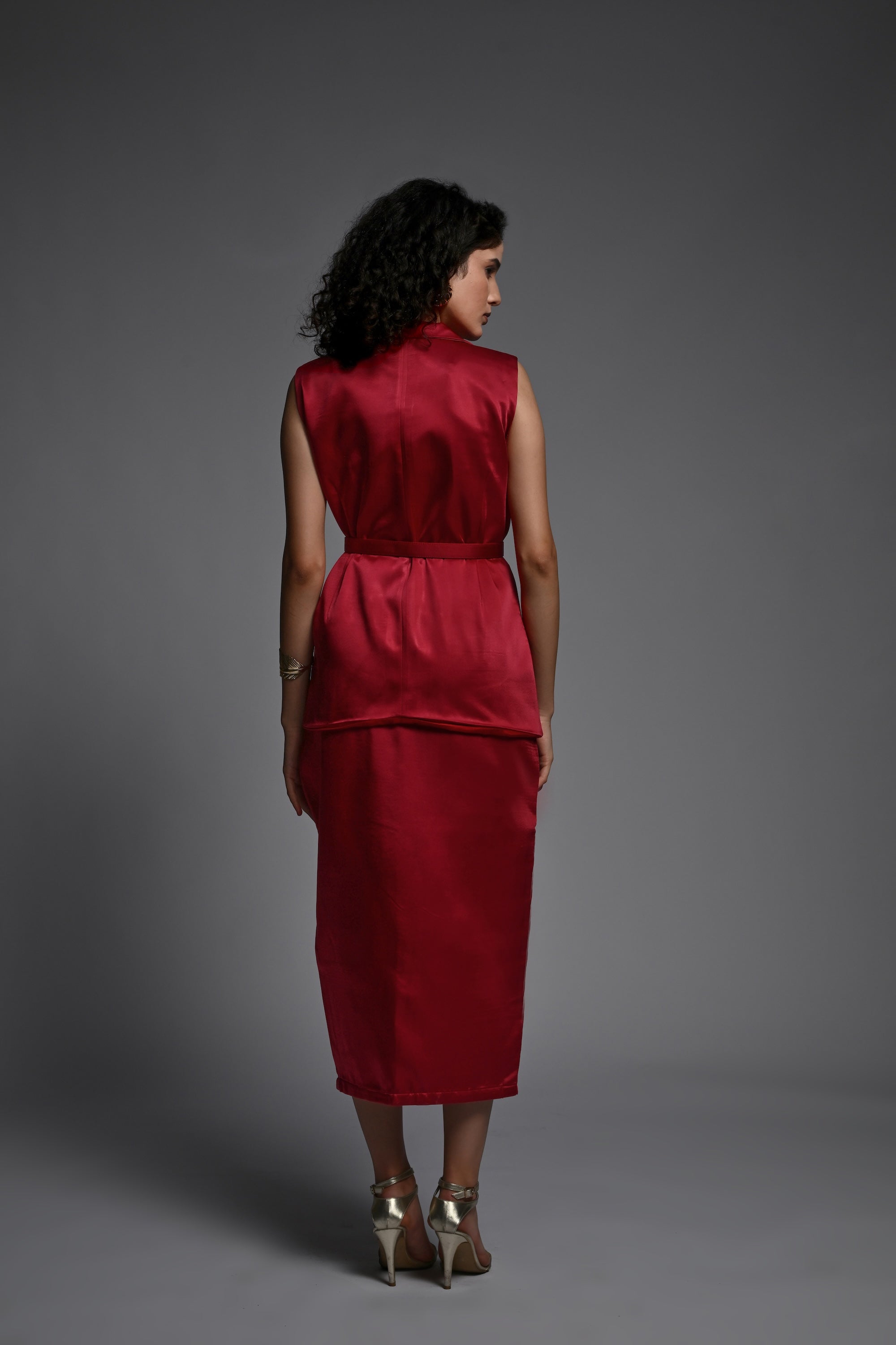 Red Sleeveless Blazer and Skirt set with belt
