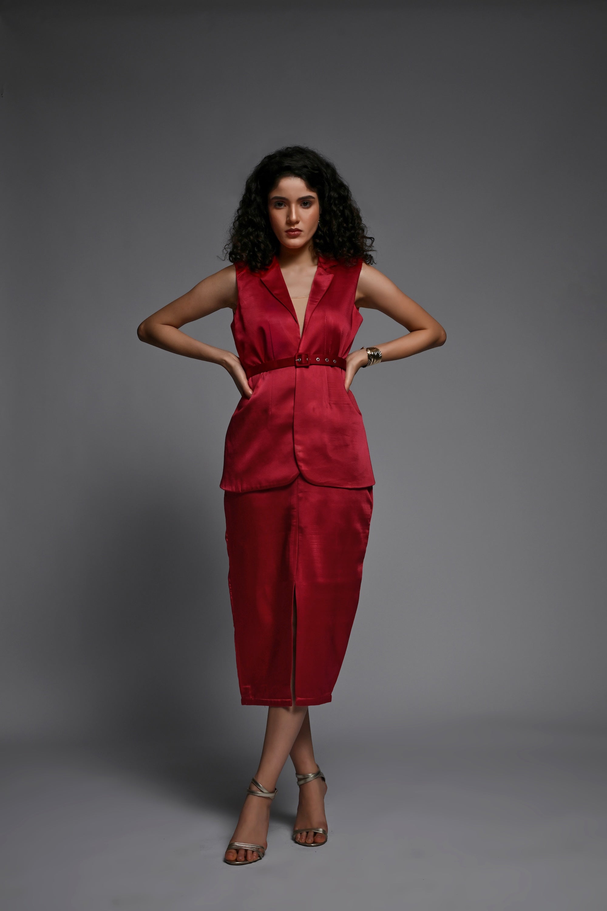 Red Sleeveless Blazer and Skirt set with belt