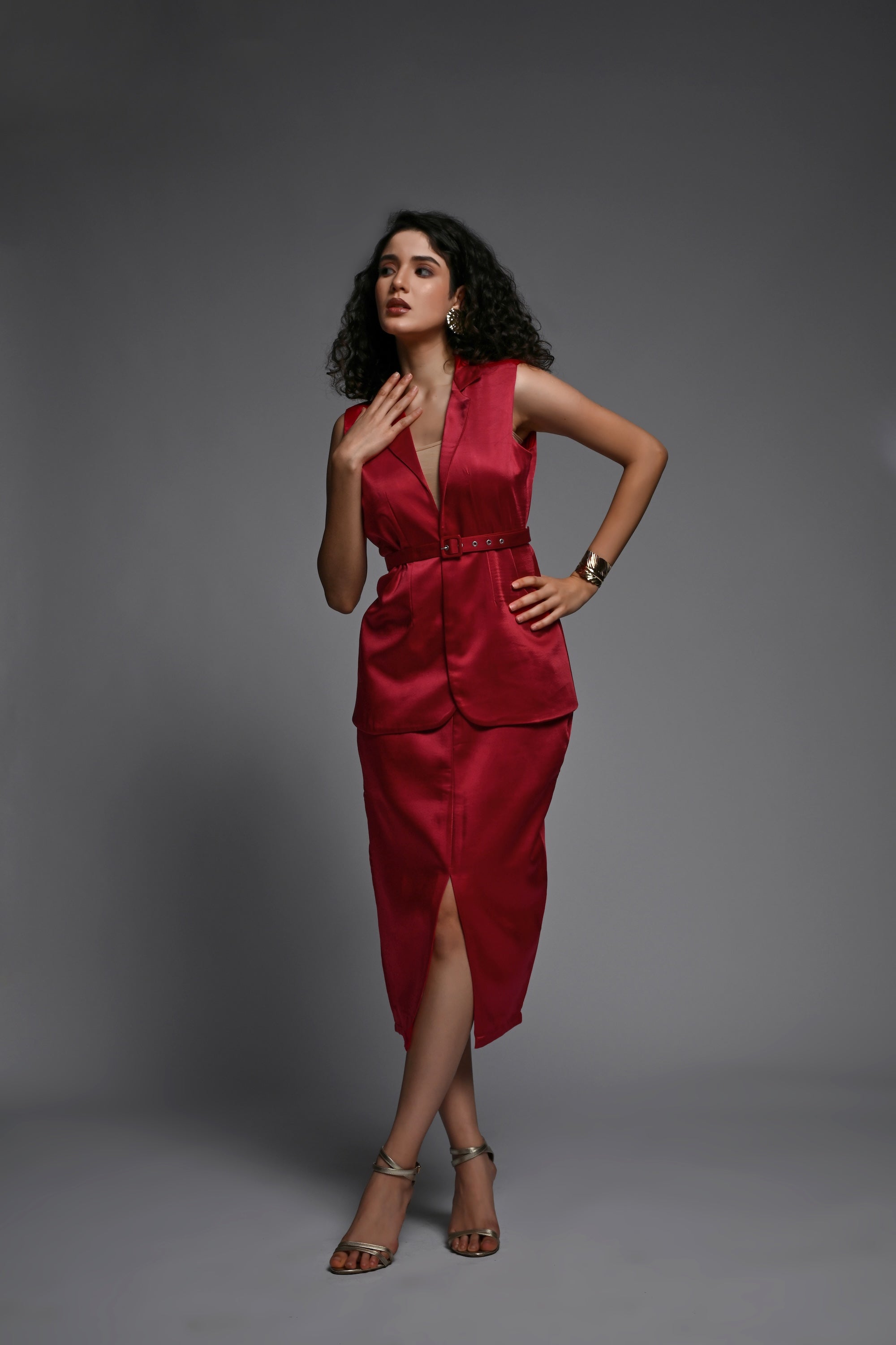 Red Sleeveless Blazer and Skirt set with belt
